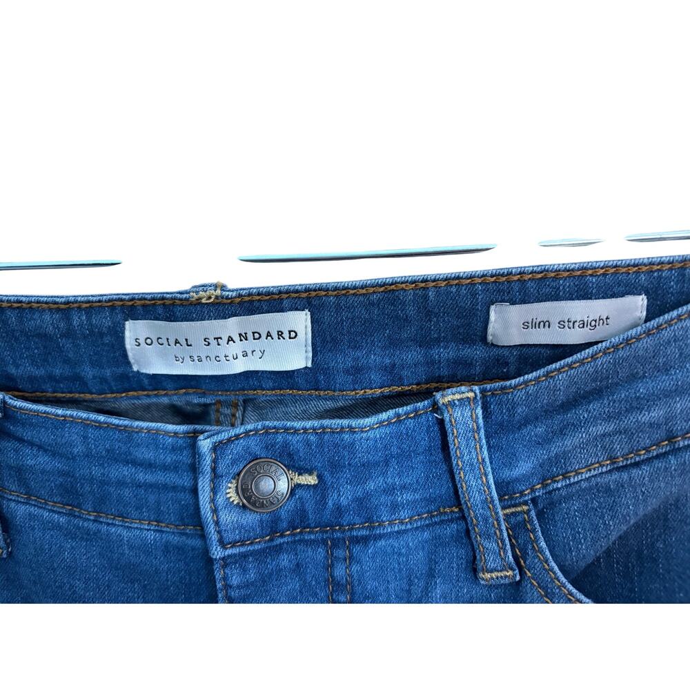 Social Standard by Sanctuary Slim Straight Jeans Women's Blue Stretch Raw Hem 10 - Picture 4 of 7